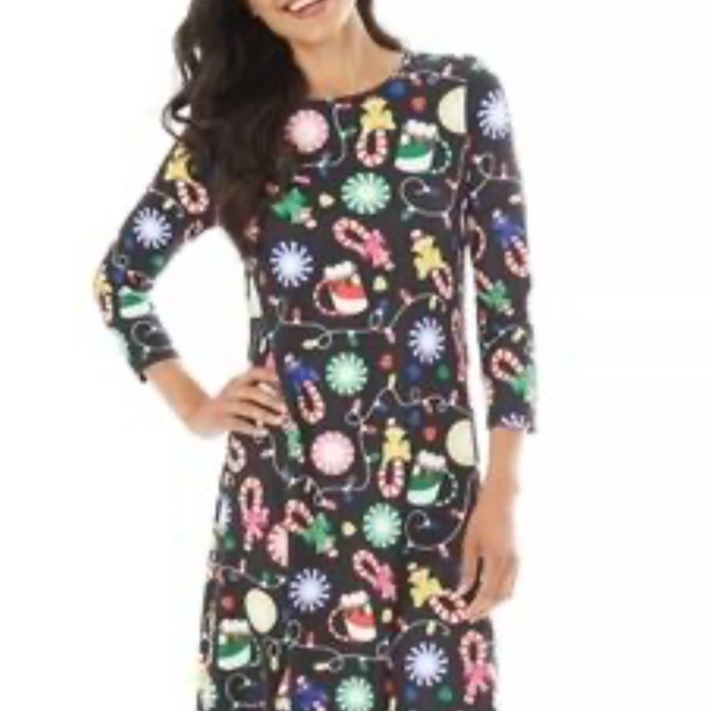 Black Holiday Soft Knit Colorful Patterned Women's Dress. Size L